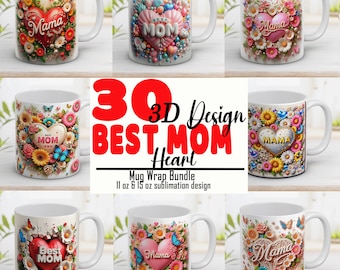 Mother's Day Mug Wrap: 3D Heart & Flowers Design (Digital Download)