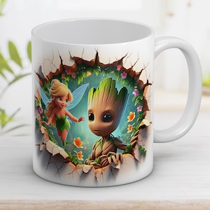 3D Funny kids Groot en Tinkerbell Mug Wrap 11oz en 15oz, 3D-stripfiguur png, Cartoonsublimatie, Digitale kunst, Digitale download, Digitale kunst png