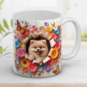 3D Spitz Puppy Mug Wrap 3D Hole in a wall with dog png Dog Lovers png Flowers 11oz and 15oz Coffee Mug, Sublimation Design Instant Digital