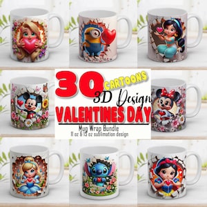 3D-Becher-Wrap-Bundle zum Valentinstag, 11 und 15 Unzen, niedliche Baby-Karikaturen, Design-Sublimation, Bechervorlage, sofortiger digitaler Download PNG