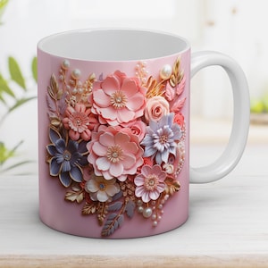 3D Flowers Mug Wrap, 11oz and 15oz Mug Design, Mug Sublimation Design, Mug Wrap Template, Instant Digital Download PNG
