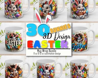3D Easter Bunny Mug Wrap Bundle: Sublimation Design (Digital Download)