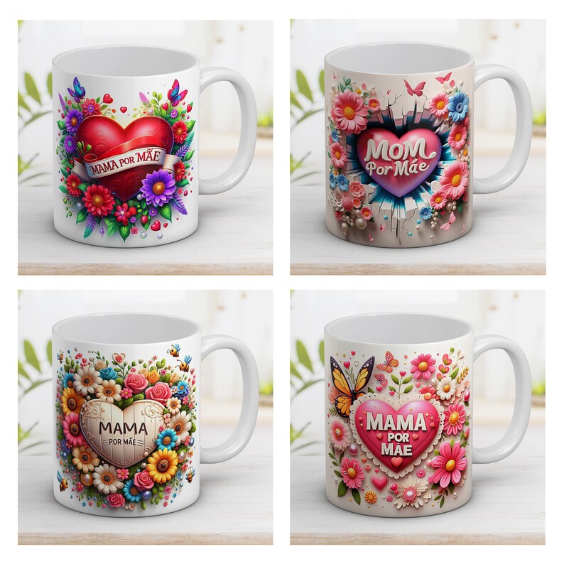 3D Heart Mom por Mãe Mug Wrap Bundle 11 and 15 Oz Happy Mother's Day with Design Sublimation Mug Templater Instant Digital Download PNG zdjęcie 2