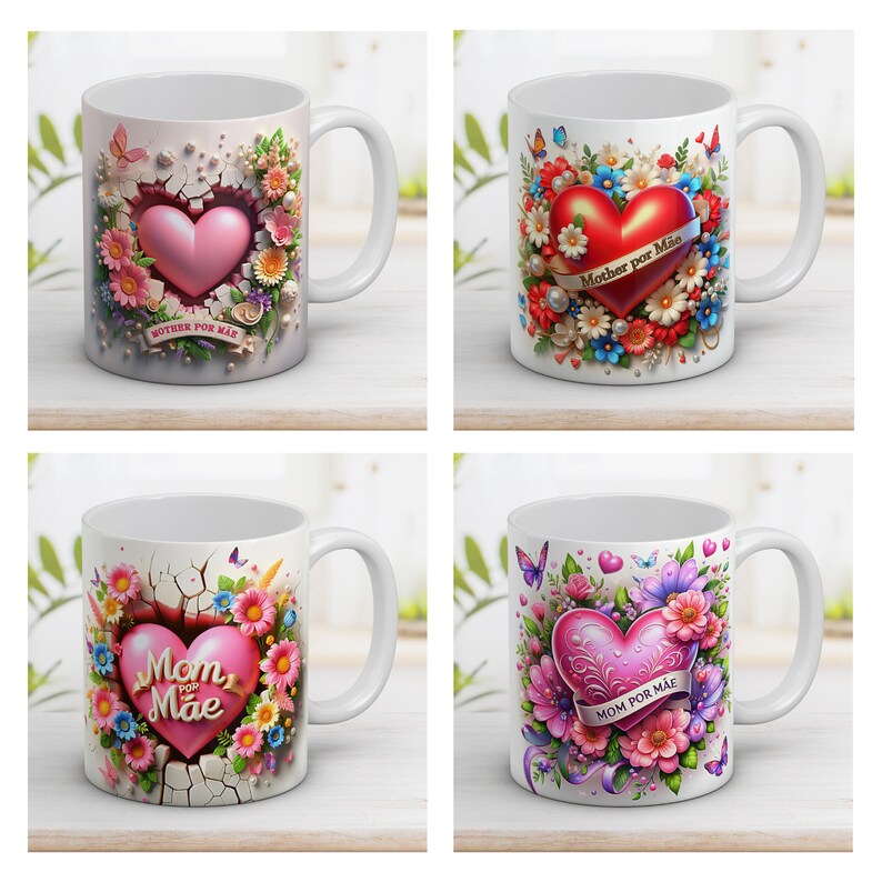 3D Heart Mom por Mãe Mug Wrap Bundle 11 and 15 Oz Happy Mother's Day with Design Sublimation Mug Templater Instant Digital Download PNG zdjęcie 6