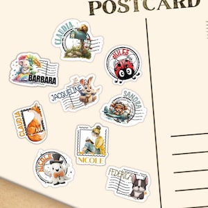 May include: A collection of whimsical stickers with a postcard theme. The stickers feature various illustrations, including a fox, a ladybug, a rabbit, and a snowman, each with a name label. The word "POSTCARD" is printed at the top.