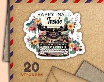 Typewriters stickers, Set of 20 happy mail sticker flakes, Cute penpal supplies for snail mail labels to decorate envelopes