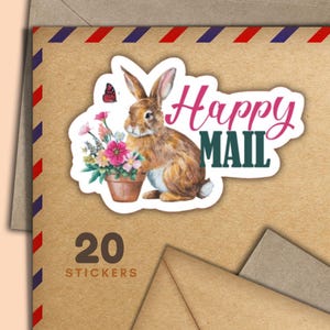 Adesivi Flowerpot Rabbit, set di 20 fiocchi adesivi Happy Mail, graziosi articoli per amici di penna per etichette di posta ordinaria per decorare buste