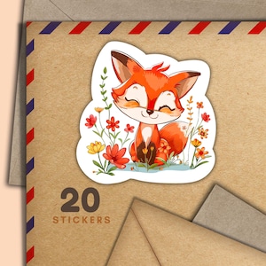 Happy Fox stickers, Set of 20 happy mail sticker flakes, Cute pen pal supplies for snailmail labels to decorate envelopes & letters