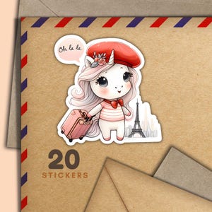 Adesivi Unicorni a Parigi, set di 20 fiocchi di adesivi postali allegri, graziosi articoli per amici di penna per etichette di posta ordinaria per decorare buste