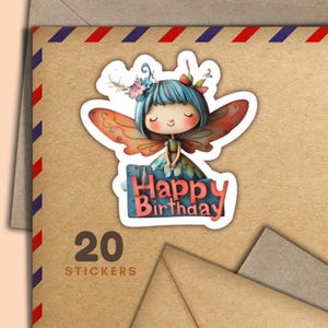 Adesivi di compleanno delle fate, set di 20 fiocchi di adesivi di posta felice, forniture per amici di penna di compleanno per etichette di posta ordinaria per decorare buste
