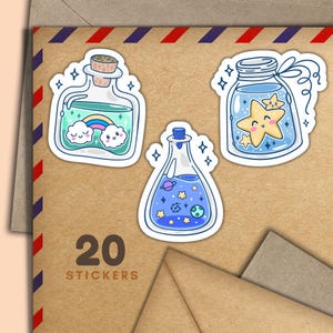 Könnte beinhalten: Ein Set von 20 Aufklebern mit skurrilen Illustrationen von Zaubertränken und Gläsern. Die Aufkleber zeigen Designs mit Regenbogen, Wolken, Sternen und Planeten in einem farbenfrohen Cartoon-Stil. Auf braunem Hintergrund.