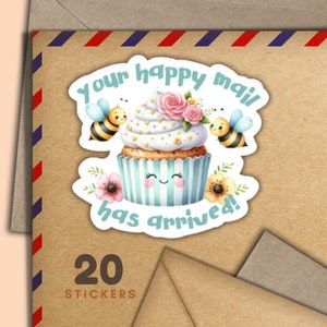 Adesivi Happymail Bee Cupcakes, set di 20 fiocchi adesivi Happy Mail, graziosi articoli per amici di penna per etichette di posta ordinaria per decorare buste