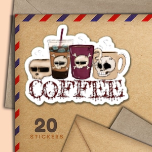 Adesivi "Coffee till death", set di 20 fiocchi di adesivi Happy Mail, forniture spettrali per amici di penna per etichette di posta ordinaria per decorare buste