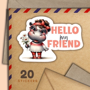 Adesivi Hippo Friend, set di 20 fiocchi di adesivi postali allegri, graziosi articoli per amici di penna per etichette di posta ordinaria per decorare buste