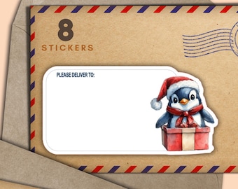 Penguin in Present PDTs set of 8 stickers, happy mail envelope please deliver to labels, snailmail penpal supplies, blank labels for address