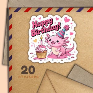Pegatinas de cumpleaños de Axelotl, juego de 20 escamas de pegatinas de correo feliz, lindos suministros para amigos por correspondencia para etiquetas de correo postal para decorar sobres y cartas