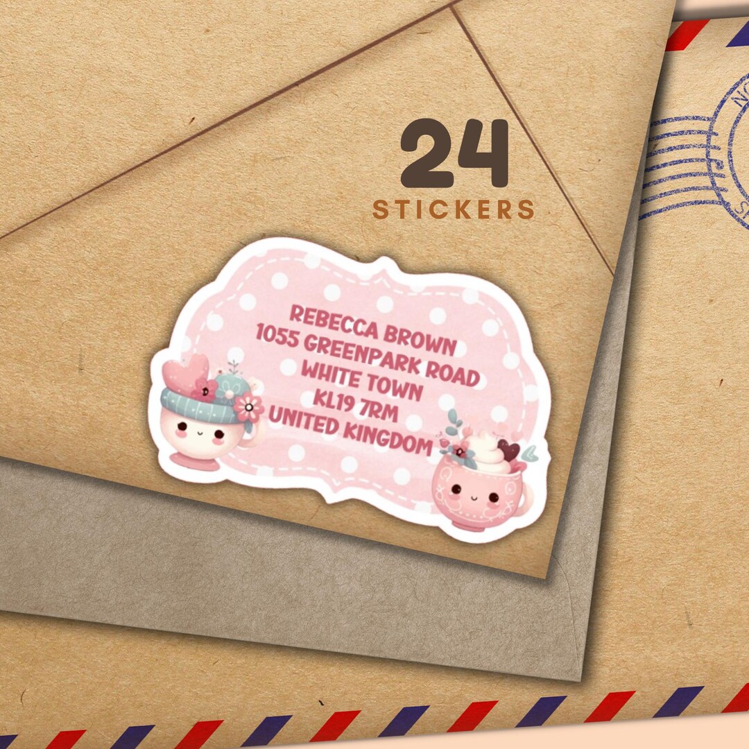 Teacups Address Labels, Set of 24 Personalized Stickers, Happy Mail ...
