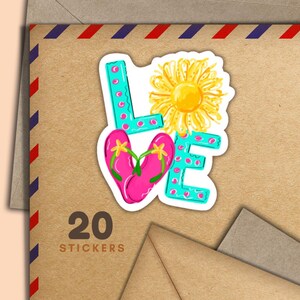 Summer Love Word stickers, Set of 20 happy mail sticker flakes, Cute penpal supplies for snailmail labels to decorate envelopes & letter