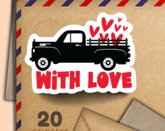 With love truck set of 20 stickers, happy mail envelope sticker flakes, penpal supplies for snail mail, sticky labels to decorate letters