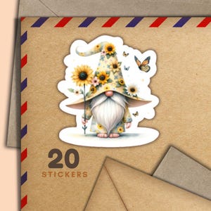 Autocollants tournesol gnomes, lot de 20 flocons d'autocollants de courrier heureux, jolies fournitures de correspondance pour étiquettes de courrier escargot pour décorer les enveloppes
