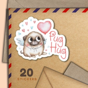 Adesivi Pug Hug, set di 20 fiocchi adesivi di posta felice, graziosi articoli per amici di penna per etichette di posta ordinaria per decorare buste