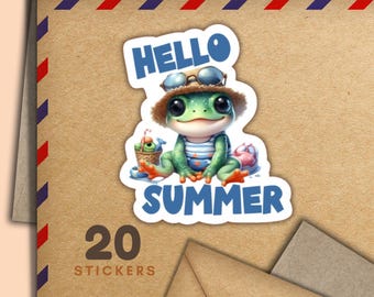 Beach Frog Hello Summer stickers, Set of 20 happy mail sticker flakes, Cute penpal supplies for snail mail labels to decorate envelopes