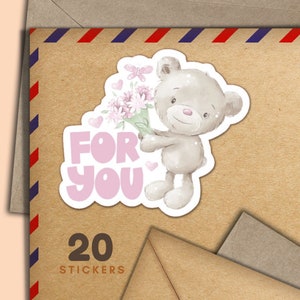 Adesivi Flower Bear, set di 20 fiocchi adesivi Happy Mail, forniture floreali per amici di penna per etichette di posta ordinaria per decorare buste