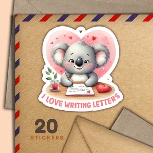 Adesivi a forma di koala che amano scrivere, set di 20 fiocchi di adesivi per posta felice, graziosi articoli per amici di penna per etichette di posta ordinaria per decorare buste