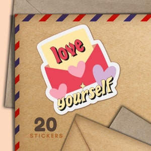 Adesivi per buste "Love Yourself", set di 20 fiocchi di adesivi per posta felice, graziosi articoli per amici di penna per etichette di posta ordinaria per decorare buste