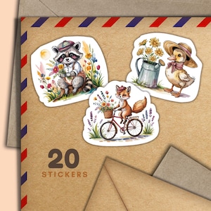 Adesivi con animali in stile vintage, set di 20 adesivi con fiocchi di posta allegra, graziosi articoli per amici di penna per etichette di posta ordinaria per decorare buste e lettere.