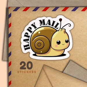 Little Snail Happy stickers, Set of 20 happy mail sticker flakes, Cute pen pal supplies for snailmail labels to decorate envelopes & letters