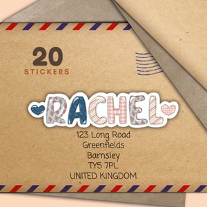 Adesivi con nome Doodle carini, etichette personalizzate per buste per amici di penna, fiocchi adesivi Happy Mail per posta, set di 20 etichette con nome sagomate