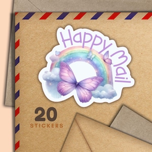 Adesivi a forma di farfalla arcobaleno, set di 20 adesivi a forma di fiocchi di posta allegra, graziosi articoli per amici di penna per etichette di posta ordinaria per decorare buste e lettere.