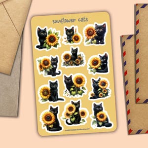 Feuille d'autocollants de chats de tournesol, décoration d'enveloppe de courrier heureux, fournitures pour correspondance de courrier d'escargot, étiquettes pour l'album de calendrier de journaux de planificateurs