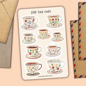 Foglio di adesivi Folk Teacups, decorazione di buste per posta allegra, forniture per amici di penna per posta ordinaria, graziose etichette per agende, diari, calendari, album