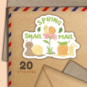 Autocollants de groupe d'escargots de printemps, lot de 20 flocons d'autocollants de courrier heureux, jolies fournitures de correspondance pour étiquettes de courrier escargot pour décorer des enveloppes
