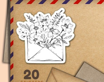 B&W Floral Letter stickers, Set of 20 happy mail sticker flakes, Cute penpal supplies for snail mail labels to decorate envelopes