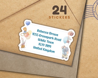 Dieren met ballonnen-labels, set van 24 gepersonaliseerde stickers, happy mail-retouradreslabels voor enveloppen, postbezorging voor penvrienden