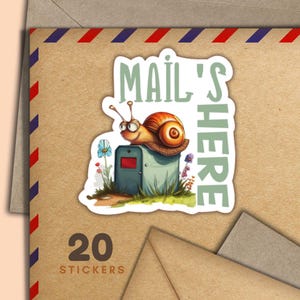 Snail on Mail Box Aufkleber, Set mit 20 glücklichen Mail Aufkleberflocken, niedliches Penpal Zubehör für Schneckenpost-Etiketten zum Dekorieren von Umschlägen