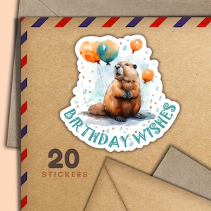 Beaver Birthday stickers, Set of 20 happy mail sticker flakes, Cute pen pal supplies for snailmail labels to decorate envelopes & letters