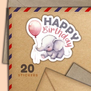 Adesivi per palloncini di compleanno a forma di elefante, set di 20 fiocchi di adesivi per posta felice, graziosi articoli per amici di penna per etichette di posta ordinaria per decorare buste