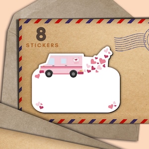 Pink Mail Van set of 8 stickers, happy mail envelope please deliver to labels, snail mail penpal supplies, blank labels for address
