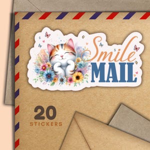 Smiley Cat stickers, Set of 20 happy mail sticker flakes, Cute pen pal supplies for snailmail labels to decorate envelopes & letters