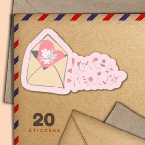 Pegatinas de correo de amor, juego de 20 copos de pegatinas de correo feliz, bonitos suministros para amigos por correspondencia para etiquetas de correo postal para decorar sobres