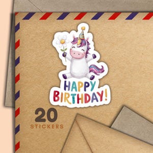 Adesivi di compleanno con unicorno saltante, set di 20 fiocchi di adesivi per posta felice, graziosi articoli per amici di penna per etichette di posta ordinaria per decorare buste