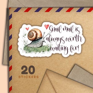 Pegatinas de caracol que vale la pena esperar, juego de 20 copos de pegatinas de correo feliz, bonitos suministros para amigos por correspondencia para etiquetas de correo postal para decorar sobres