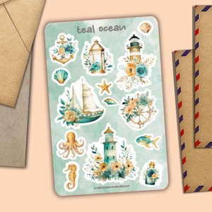 Foglio di adesivi Teal Seas, decorazione di buste per posta felice, forniture per amici di penna per posta ordinaria, graziose etichette per agende, diari, calendari, album
