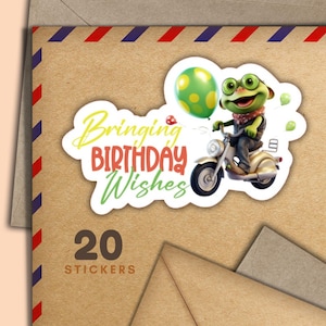 Adesivi "Compleanno Rana su Moto", set di 20 fiocchi adesivi di posta felice, graziosi articoli per amici di penna per etichette di posta ordinaria per decorare buste