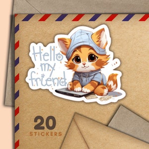 Adesivi Hello Blue Cat, set di 20 fiocchi adesivi Happy Mail, graziosi articoli per amici di penna per etichette di posta ordinaria per decorare buste