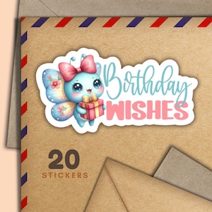 Adesivi kawaii a forma di farfalla per il compleanno, set di 20 adesivi a forma di fiocchi di posta allegra, graziosi articoli per amici di penna, etichette per la posta ordinaria per decorare buste.